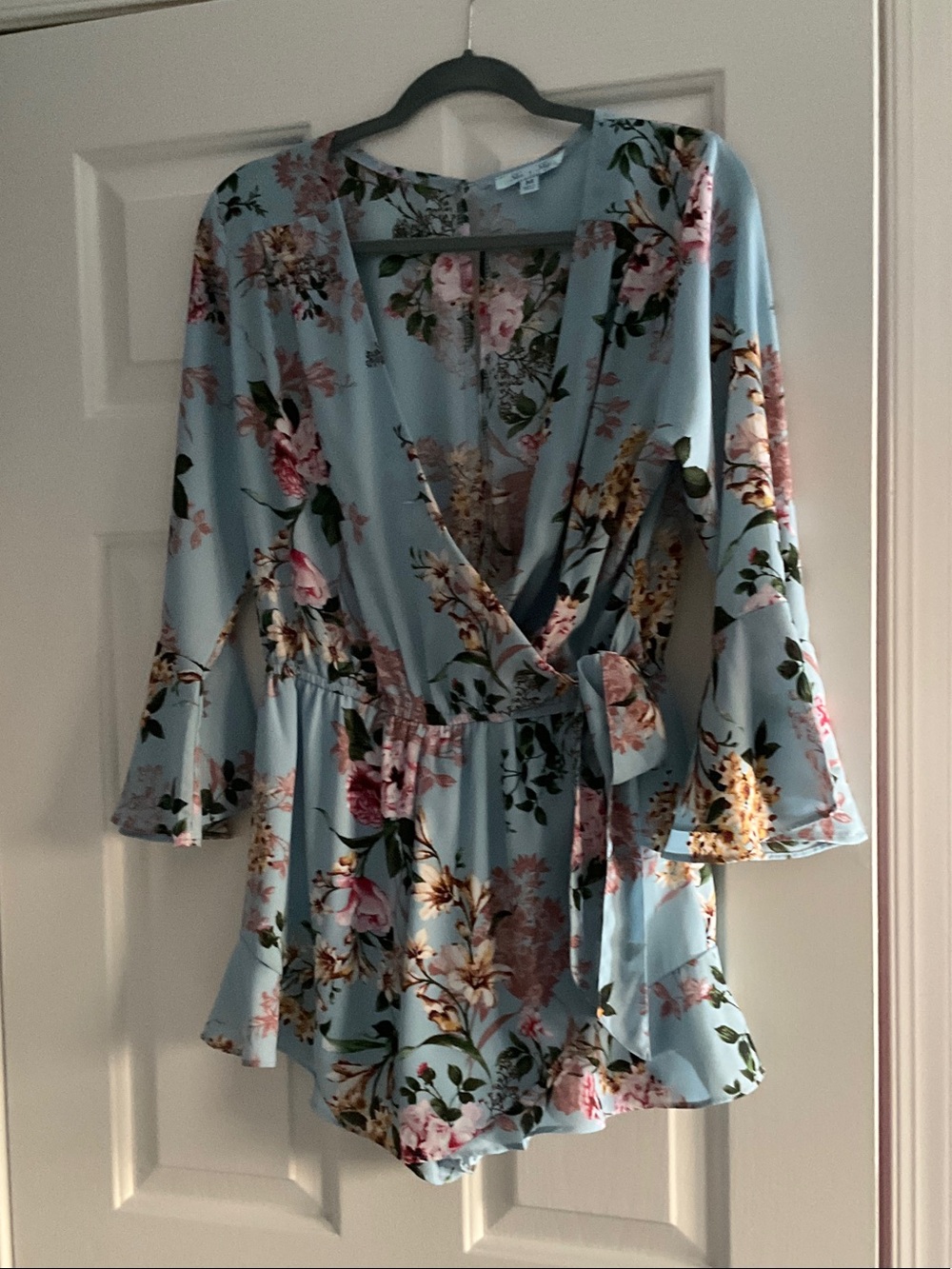 She + Sky Light Blue Floral Wrap Romper